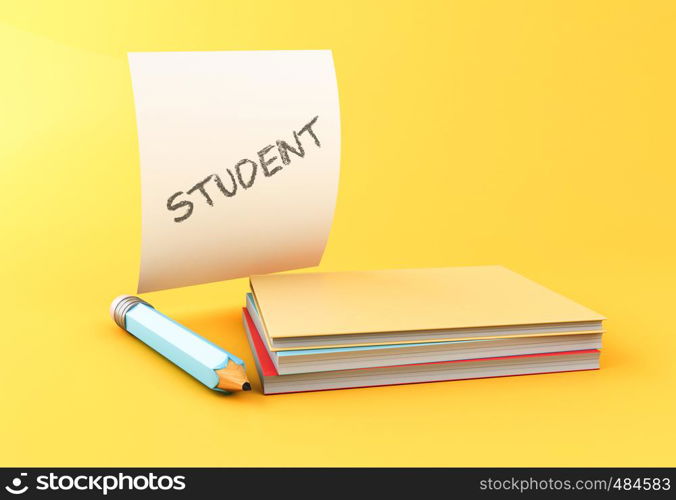 3d illustration. Stack of colorful books, pencils and sheet of paper with student text on yellow background. Education concept.