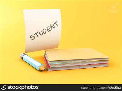 3d illustration. Stack of colorful books, pencils and sheet of paper with student text on yellow background. Education concept.