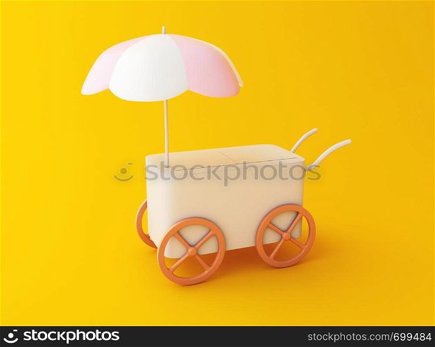 3d illustration. Street food Cart with wheels doors on yellow background. Fast food concept.