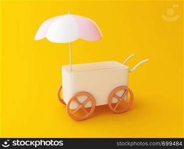 3d illustration. Street food Cart with wheels doors on yellow background. Fast food concept.