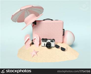 3d illustration. Summer composition with beach accessories on sand. Summer holidays concept