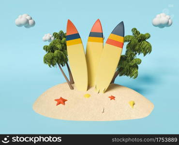 3d illustration. Surfboards on sand with palms. Summer vacation concept.