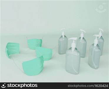 3D Illustration. Surgical face masks and gel alcohol bottles. Prevention outbreak of coronavirus. Covid-19 concept.