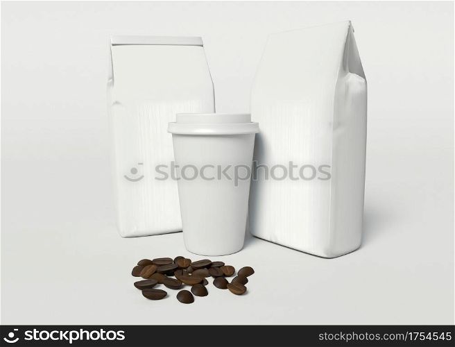 3D Illustration. Take away coffee cup and paper bags mockup. Realistic packaging. Take away concept.