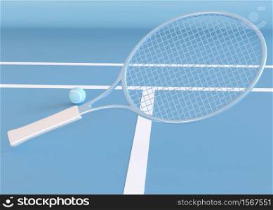 3D Illustration. Tennis Racket and ball. Abstract tennis background. Minimalism concept. Sport concept.