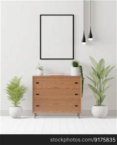 3D illustration the living room or relaxtion corner with blank mockup photo frame on the wall over wooden cabinet, Plant pot and ceiling l&, 3D rendering