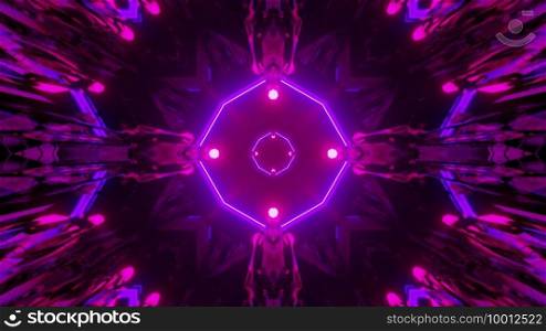 3d illustration through dark tunnel with purple neon geometric lines and spots for abstract science fiction concept design. Glowing neon design of futuristic tunnel 3d illustration