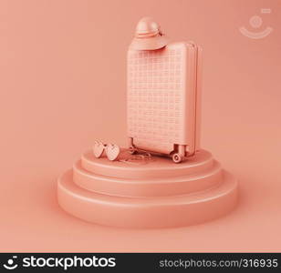 3d illustration. Travel suitcase, sunglasses and straw hat on pink background. Travel and vacation concept.