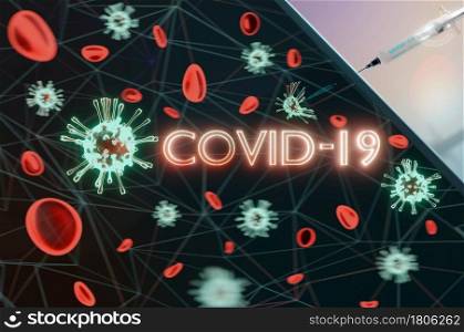 3d illustration. viruses covid-19 are destroyed by drugs by syringing.