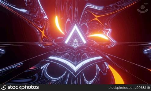 3d illustration vivid dynamic abstract background of shiny neon triangle and wavy lines with colorful illumination in darkness. Luminous neon triangle design 3d illustration