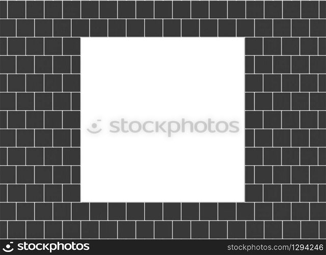 3d illustration. White Mock up empty blank square space frame on black brick blocks wall background.
