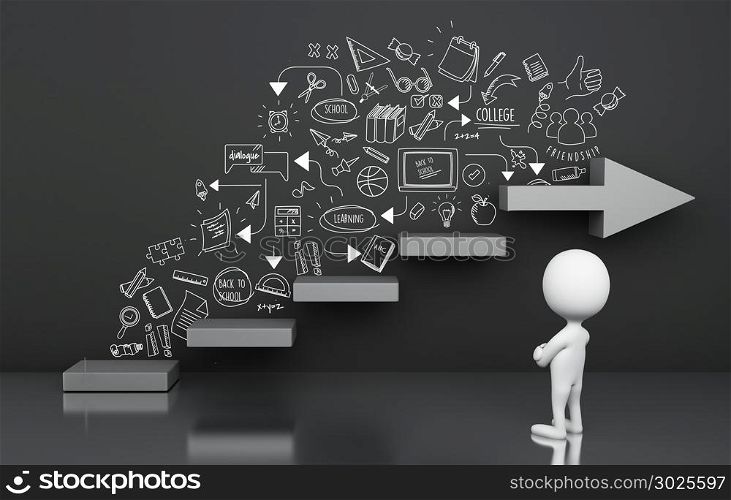 3d illustration. White people standing drawing graduation sketch. Education concept