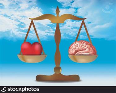 3d illustration with brain heart on balance. Sky whit nubes background