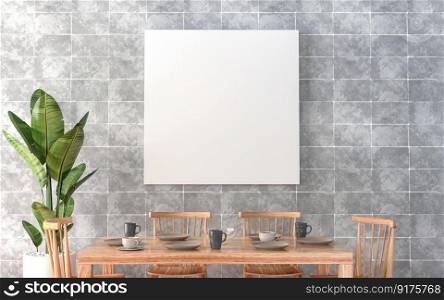 3D illustration with Kitchen and dinning room interior design and mockup photo frame on marble wall in house or condominium or apartment decoration in Scandinavian style. 3d rendering