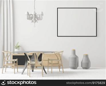 3D illustration with Kitchen and dinning room interior design and mockup photo frame on the wall in house or condominium or apartment decoration wooden furniture and bright colors. 3d rendering