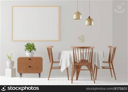 3D illustration with Kitchen and dinning room interior design and mockup photo frame on the wall in house or condominium or apartment decoration in Modern style and bright colors. 3d rendering
