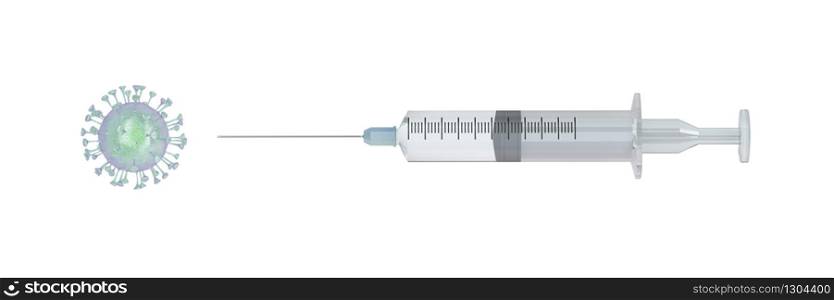 3D illustration with virus and syringe. Concept image of coronavirus disease COVID-19 pandemic.