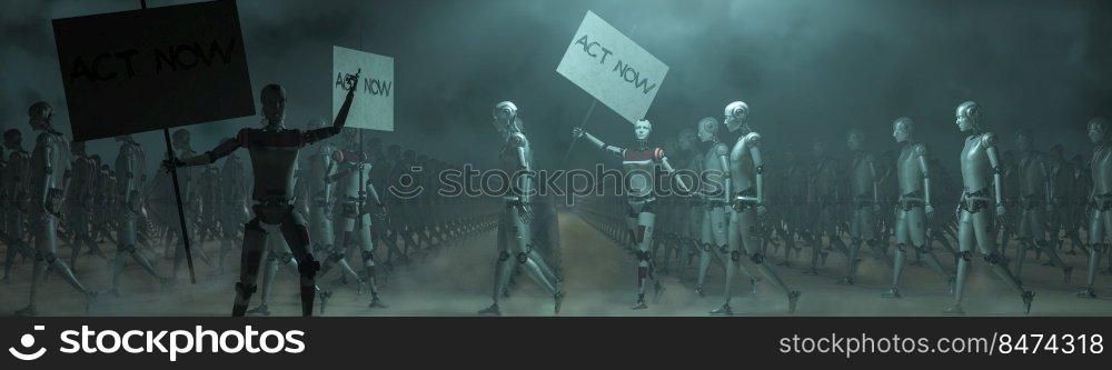 3d illustration, workers revolution concept starring robots in a demonstration
