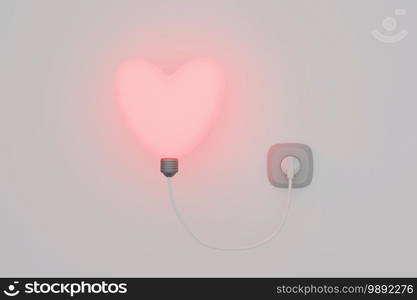 3d image of a glowing heart bulb connected by white wire to a wall plug.