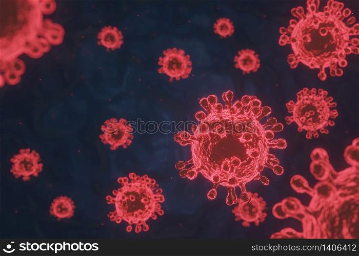 3D image of a virus against the background, Coronavirus 2019-nCov, Novel coronavirus concept and asian flu or influenza outbreak cases as a pandemic. Microscope virus close up 3D Rendering.