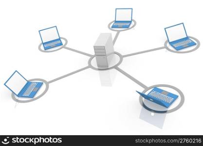 3D image of laptop network connected to server