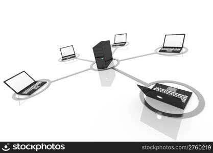 3D image of laptop network connected to server