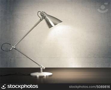 3D image of metal desk lamp on wooden desk next to the concrete wall.