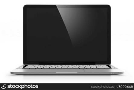 3D image of modern laptop with black screen isolated on white