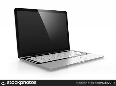 3D image of modern laptop with black screen isolated on white