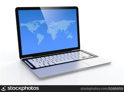 3D image of modern laptop with blue screen isolated on white