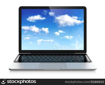 3D image of modern laptop with cloudy sky image on screen. Cloud computing concept.