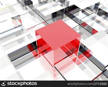 3d image of one red cube against other cubes, symbolizing leadership or different thinking