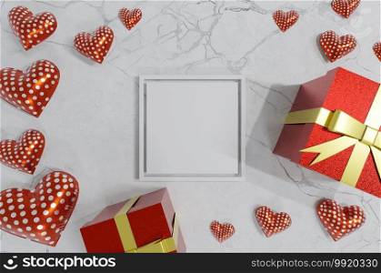 3D image , White frame of gift box and hearts on marble background . Concept valentine day , wedding