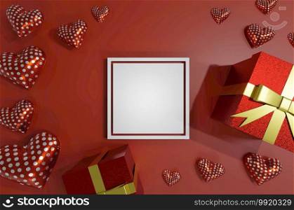 3D image , White frame of gift box and hearts on red background . Concept valentine day , wedding