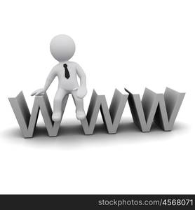 3D in a tie man standing near www sign