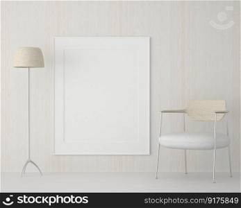 3D interior design for rest corner or living room with frame mockup, Perspective in minimal style with modern design of armchair and tall lamp, rendering 