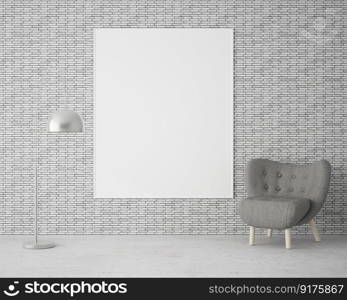 3D interior design for rest corner or living room with frame mockup, Perspective in minimal style with modern design of armchair and metal stand l&, rendering 