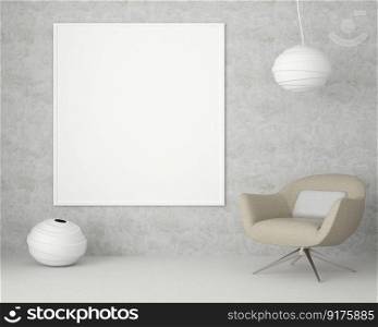 3D interior design for rest corner or living room with frame mockup, Perspective in minimal style with modern design of armchair and ceiling lamp, rendering 