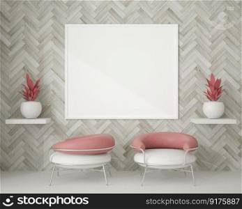 3D interior design for rest corner or living room with frame mockup, Perspective in minimal style with modern design of armchair and shelves on wooden wall, rendering 