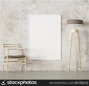 3D interior design for rest corner or living room with frame mockup, Perspective in minimal style with modern design of wooden armchair and tall lamp, rendering 