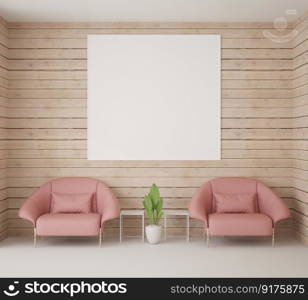 3D interior design for rest corner or waiting area with frame mockup, Perspective in minimal style with modern design of armchair and wooden wall, rendering 