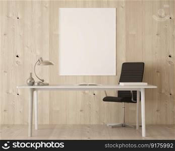 3D interior design for rest corner or working space in house with table leather chair and blank frame mockup, Perspective in minimal style, rendering 