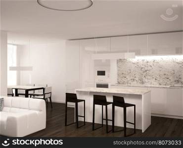 3d interior design of the dining room and kitchen