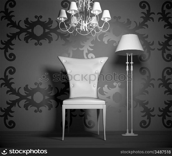3D interior scene with vintage chair and lamp.