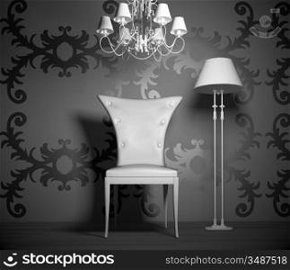 3D interior scene with vintage chair and lamp.