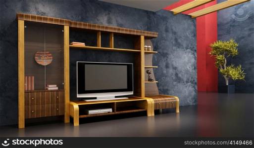 3d interior with modern bookshelf with TV