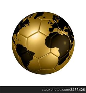3D isolated gold soccer ball with world map, world football cup 2010. Gold soccer football ball World globe