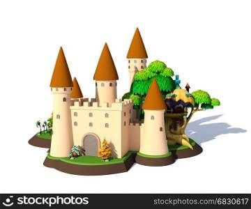 3D isometric fantasy cartoon medieval castle isolated on white background, 3D rendering