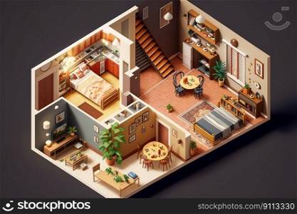 3D Isometric interior home plan room cute set design isolate on white background created by generative AI 