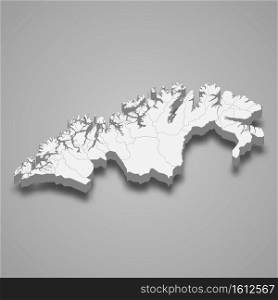 3d isometric map of Troms og Finnmark is a county of Norway, vector illustration. 3d isometric map of Troms og Finnmark is a county of Norway